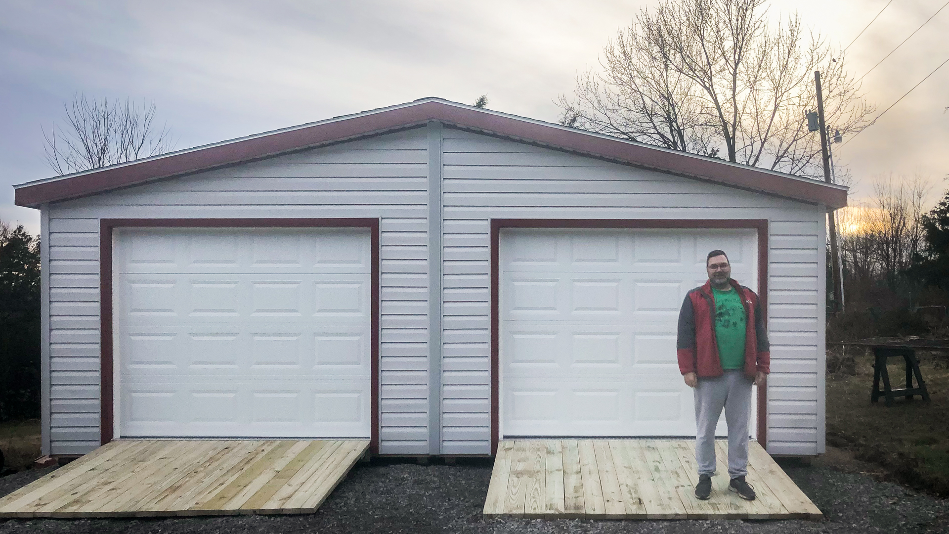 exterior of sunset and double wide prefab detached garage for sale