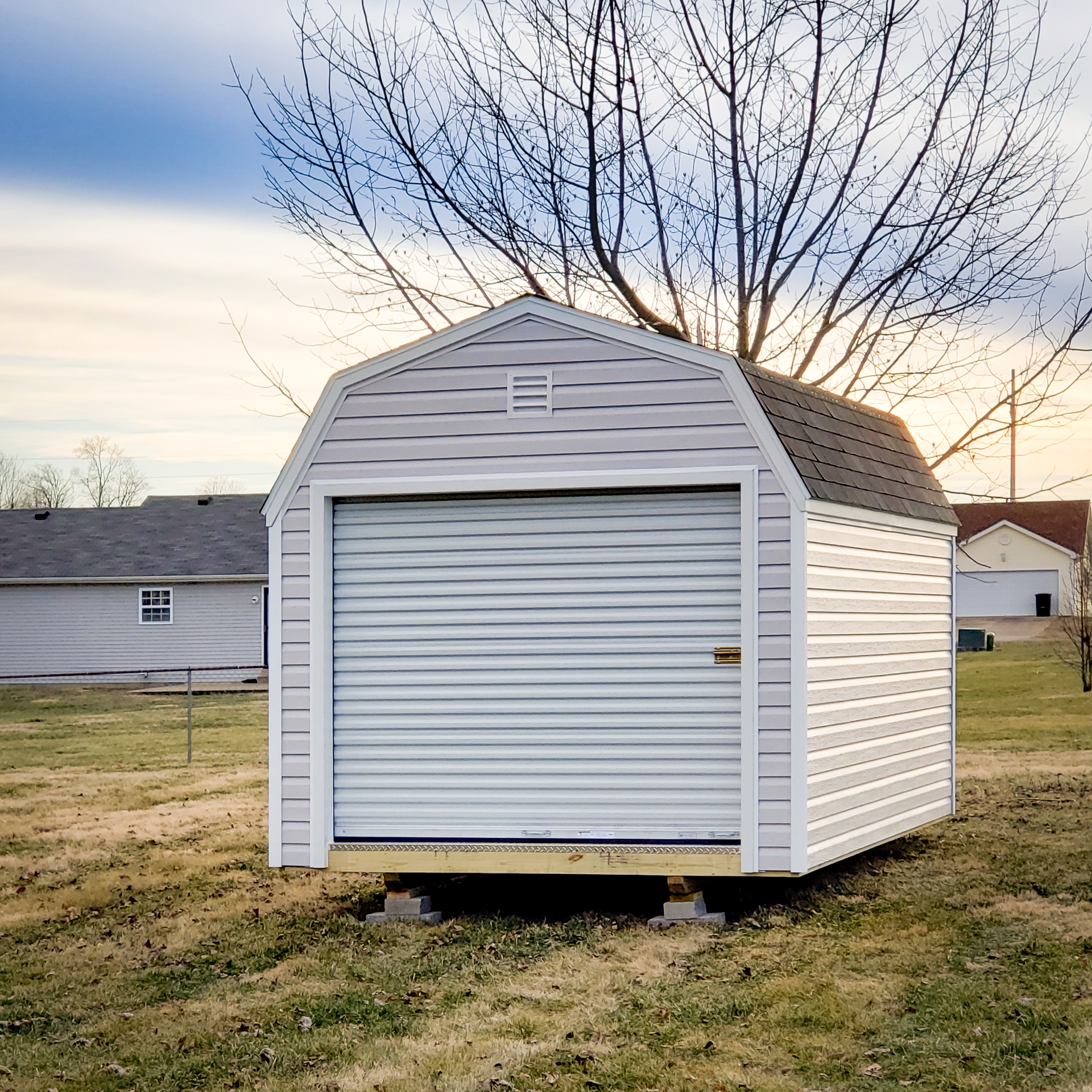 exterior of gambrel-roofed single car garage sizes for sale